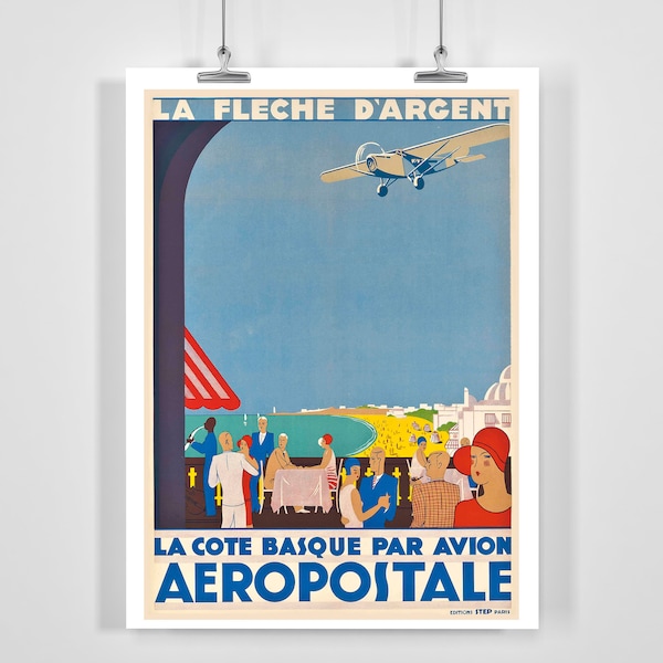 Die baskische Küste mit dem Flugzeug Silberpfeil Vintage Reiseplakat - Gerahmt / Ungerahmt