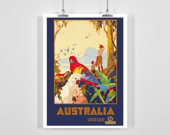 May include: A vintage travel poster for Australia featuring a colorful scene of birds and people in a forest setting. The poster has a blue background with gold text that reads "Australia" and "Particulars at Shipping and Travel Agencies".