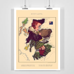 Puede incluir: Una ilustración vintage de dibujos animados de Escocia como una persona que lleva una bolsa de rocas y un cubo. La ilustración está en un estilo colorido con un fondo amarillo. El texto "SCOTLAND" está en la parte superior de la imagen. El texto "A gallant piper, struggling through the bogs,  The wind bag broken, wearing the clay rags." está en la parte inferior de la imagen.