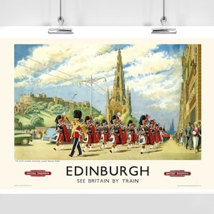 Póster de viaje vintage de Edimburgo, Escocia: ver Gran Bretaña en tren (enmarcado o sin marco)