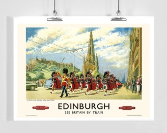 Edinburgh, Schotland: zie Groot-Brittannië per trein, vintage reisposter, ingelijst/ingelijst