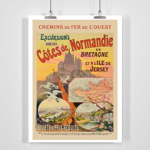 Excursiones a la costa de Normandía, Bretaña y la isla de Jersey, Francia. Póster de viaje vintage (enmarcado, sin marco, lienzo).
