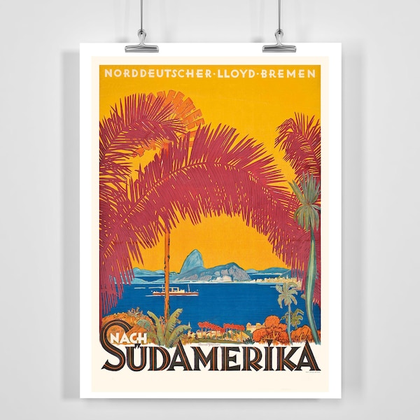 Nach Südamerika Vintage Reiseposter - gerahmt / ungerahmt