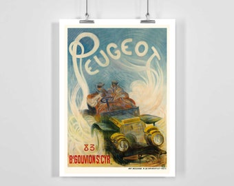 May include: Vintage advertisement for Peugeot automobiles featuring a green car with two people inside driving through a cloud of white smoke. The text "Peugeot" is written in white letters against a blue sky.