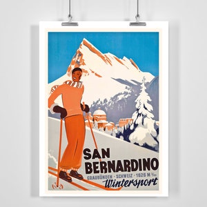 Póster vintage de deportes de invierno de San Bernardino, Suiza (enmarcado o sin marco)