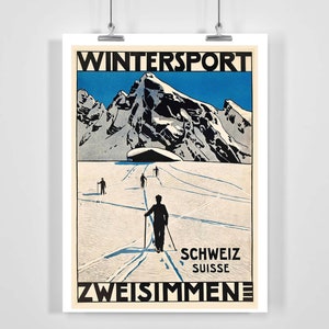 Zweisimmen Winter Sport Suiza Vintage Ski Poster - Enmarcado / Sin enmarcar