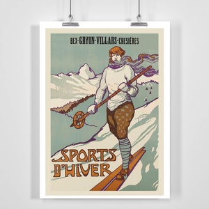 Bex Gryon Villars Chesieres Sports d&#39;Hiver Switzerland Vintage Ski Poster - Framed / Unframed