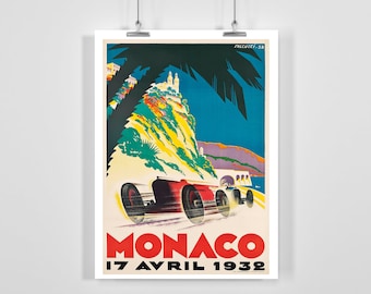 May include: Vintage poster advertising the Monaco Grand Prix on April 17, 1932. The poster features a red race car speeding along a winding road with a palm tree and a cityscape in the background.