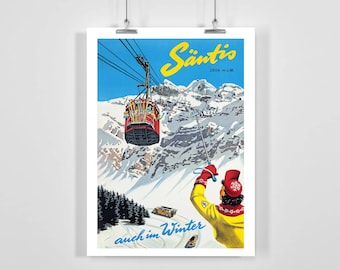 Poster vintage de ski du Mont Säntis, 2504 m, Suisse - Encadré / Non encadré