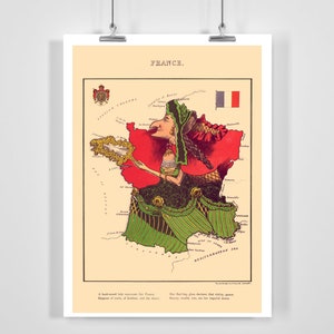 Frankreich Komische Landkarte Vintage Lithographie 1860er Jahre - gerahmt / ungerahmt