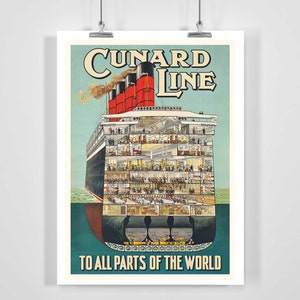 Cunard Line to All Parts of the World Vintage Travel Poster - Framed / Unframed