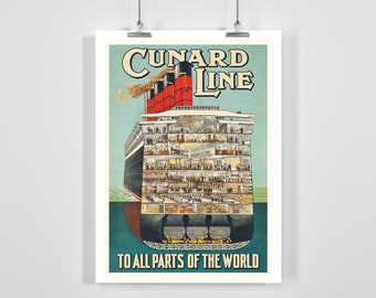 Cunard Line to All Parts of the World Vintage Travel Poster - Framed / Unframed