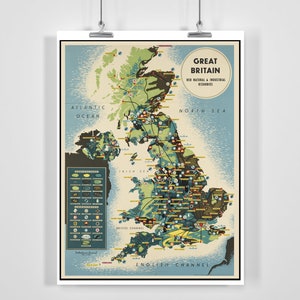 Mapa de Gran Bretaña Sus Recursos Industriales Naturales Póster de Viaje Vintage - Enmarcado / Sin Marco