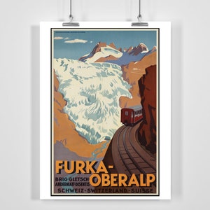Furka Oberalp Berg Schnee Winter Eisenbahn Schweiz Vintage Ski Poster - Gerahmt / Ungerahmt