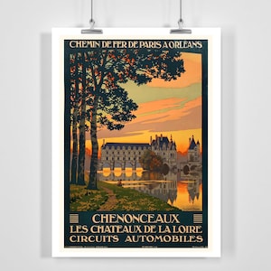 Chateau de Chenonceau Castillos del Valle del Loira Francia Cartel de viaje vintage - Enmarcado / Sin marco / Lienzo