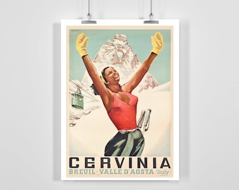 Breuil-Cervinia Aosta Valley Italy Vintage Ski Poster - Framed / Unframed