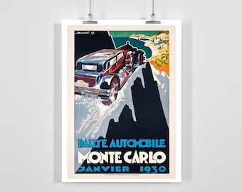May include: A vintage poster advertising the Monte Carlo Automobile Rally in January 1930. The poster features a red car driving up a snowy mountain road with a view of the Mediterranean Sea and the city of Monte Carlo in the background.