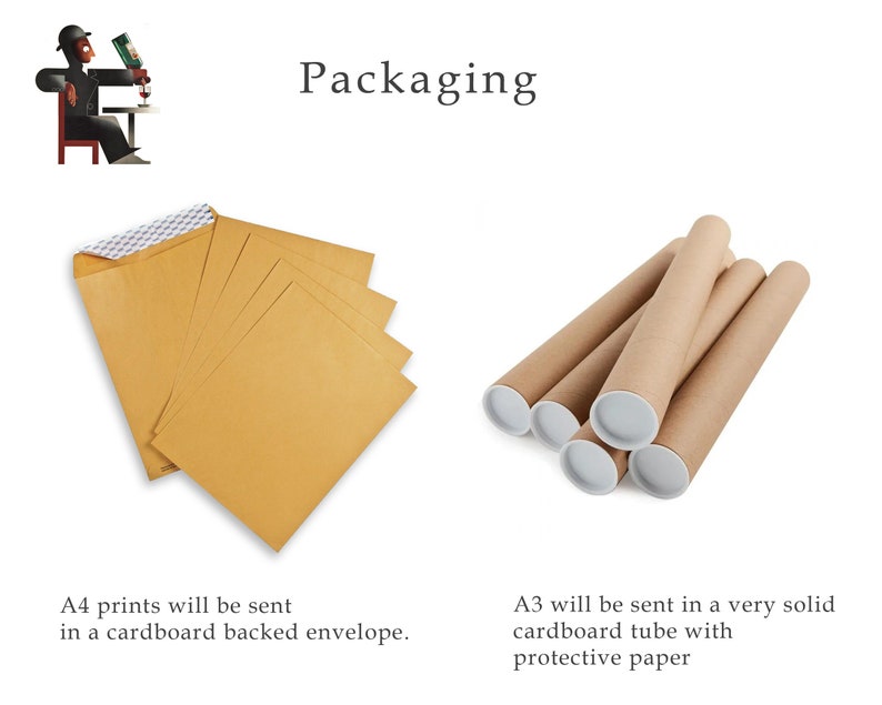 Op de afbeelding: A4-prints worden verpakt in een envelop met een kartonnen achterkant, terwijl A3-prints worden verzonden in een stevige kartonnen buis met beschermend papier.