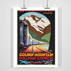 Op de afbeelding: Een vintage reisposter die reclame maakt voor de Golden Mountain Pullman Express, een treinreis door de Zwitserse Alpen. De poster toont een blauwe trein die door een bergpas slingert met besneeuwde toppen op de achtergrond. De tekst op de poster luidt: "MOB, C INT DES WAGONS-LITS B.L.S. SWITZERLAND GOLDEN MOUNTAIN PULLMAN EXPRESS MONTREUX INTERLAKEN JUNGFRAU".