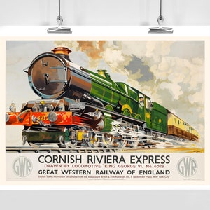 Peut inclure: Une affiche de voyage vintage pour le train Cornish Riviera Express, mettant en scène une locomotive à vapeur verte et noire avec le texte "Cornish Riviera Express" et "Great Western Railway of England".