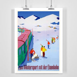 Póster vintage de esquí de Suiza para practicar deportes de invierno en tren (enmarcado o sin marco)