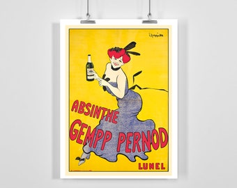 May include: Vintage poster advertising absinthe with a woman in a blue dress holding a bottle of absinthe. The poster has a yellow background with red text that reads "Absinthe Gempp Pernod Lunel".