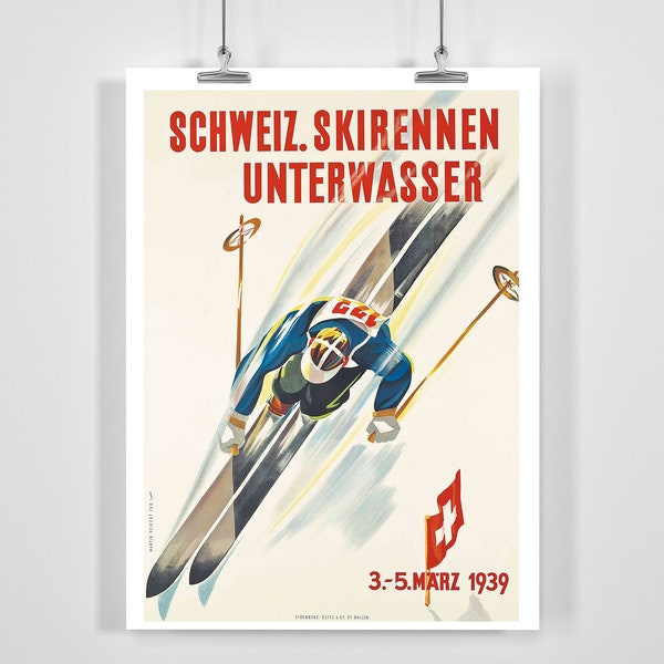 Affiche de ski vintage de course de ski suisse de 1939, sport sous-marin - encadrée / non encadrée