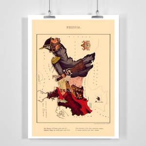 Puede incluir: Una caricatura satírica que representa a Prusia como un soldado que sostiene un rifle y está de pie sobre un mapa de Alemania. El pie de foto dice "Su Majestad de Prusia, sombrío y viejo, el rey de Salomé, por medios gentiles, se hizo valiente." y "Con la ruptura del pacto de hierro, jurado, sueña con una política más-capítulo."