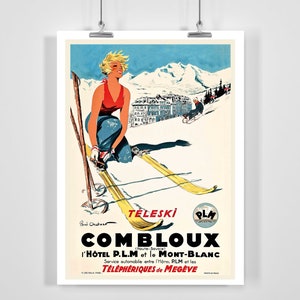 Op de afbeelding: Een vintage reisposter die reclame maakt voor het skigebied Combloux in de Franse Alpen. De poster toont een vrouw in een rood topje en blauwe broek die een besneeuwde helling afskiet met een bergketen op de achtergrond. De tekst op de poster luidt "TELESKI PLM Combloux l'Hotel P.L.M et le Mont-Blanc Service automobile entre l'Hotel PLM et les Telepheriques de Megeve."