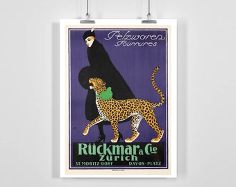 Productos de piel Fourrures Zurich Suiza Cartel publicitario vintage - Enmarcado / Sin marco