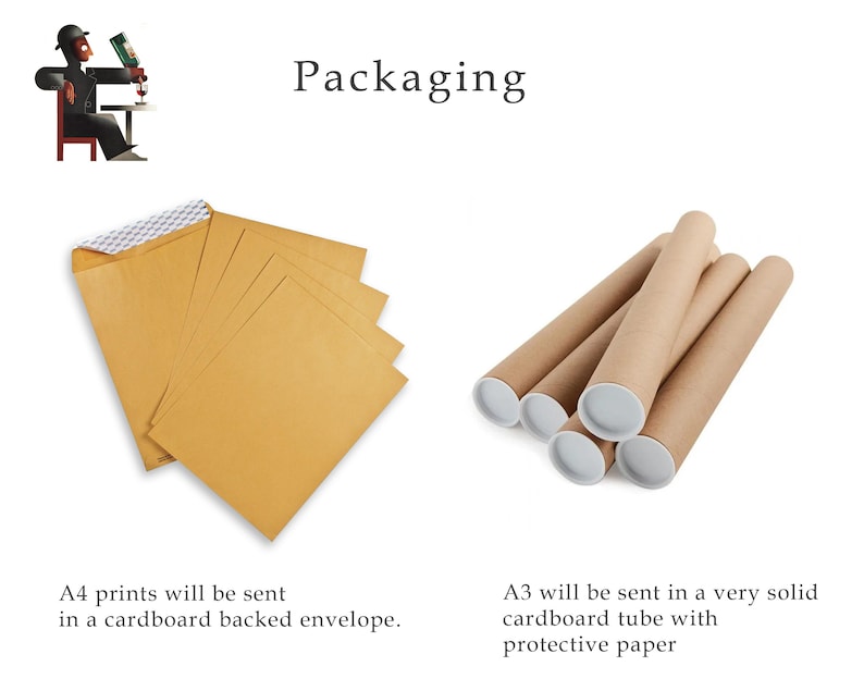 May include: A4 prints are packaged in a cardboard backed envelope, while A3 prints are shipped in a sturdy cardboard tube with protective paper.