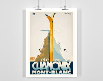 Summer and Winter Sport Chamonix Mont Blanc France Vintage Ski Poster - Framed / Unframed