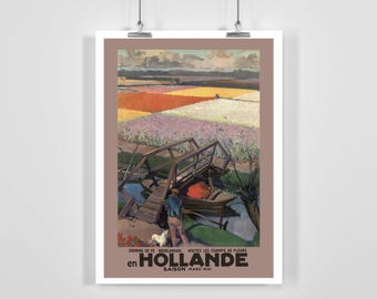 Holandia Holandia Holenderskie Koleje Odwiedź Pola Kwiatów w Holandii Plakat Podróżniczy Vintage - Oprawiony / Bez Ramy