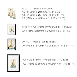 以下が含まれることがあります： 様々なサイズの額装されたアートプリントのディスプレイ。130mm x 180mm、A5、A4、A3サイズがあり、白と黒のフレームが使用されています。プリントには「CLIAMONIX MONT-BLANC」の文字が入ったヴィンテージの旅行ポスターのデザインが施されています。