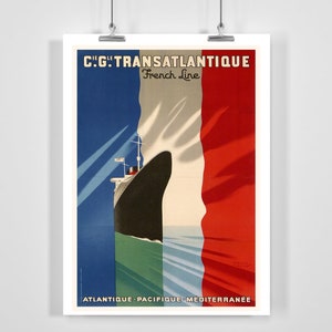 Transatlantic French Line Atlantic Pacific Meditteranean Vintage Travel Poster de Paul Colin - Framed / Unframed