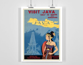 Visit Java Vintage Travel Poster - Framed / Unframed