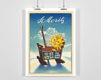 St. Moritz Switzerland Vintage Ski Poster - Framed / Unframed