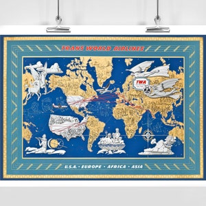 World Air Routes Map USA Europe Africa Asia Vintage Travel Poster - Framed / Unframed