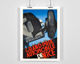 May include: Vintage poster advertising the 1935 Grand Prix Automobile de Nice. The poster features a black and white illustration of a race car with the text "18 AOUT 1935 GRAND PRIX AUTOMOBILE DE NICE" in red and white.