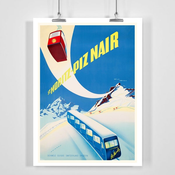 St. Moritz Piz Nair Schweiz Vintage Ski Poster - Gerahmt / Ungerahmt
