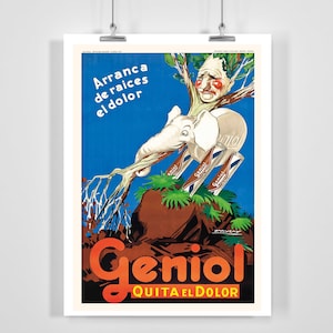 Geniol Take Away the Pain Vintage Werbeplakat von Achille Mauzan - gerahmt / ungerahmt