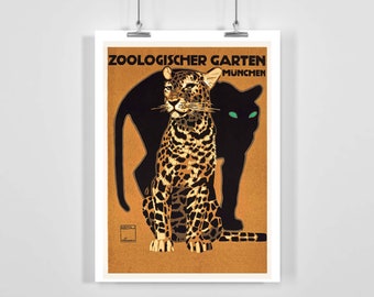 Zoologischer Garten München Black Panther anf Leopard Vintage Advertising Poster - Framed / Unframed