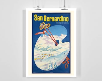 San Bernardino Grisons 1626m Graubünden Alps Switzerland Vintage Ski Poster - Framed / Unframed