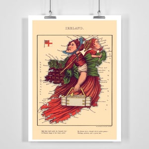 Puede incluir: Un mapa de dibujos animados vintage de Irlanda que representa a una mujer llevando una cesta y una caja a la espalda. El cuerpo de la mujer tiene la forma de la isla de Irlanda. El pie de foto dice "¿Y qué abastecerá la Isla Esmeralda? Un labrador, feliz con la sonrisa de su bebé."  "Él la engorda, - aunque rica en agua, concede -  Harina, patatas y una prohibición japonesa."