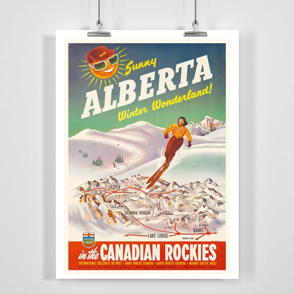 Sunny Alberta Winter Wonderland in the Canadien Rockies Vintage Ski Poster Framed / Unframed
