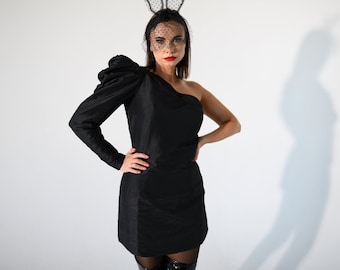 Black cocktail dress, One shoulder puffed sleeve evening dress, Luxury pencil dress, Mini cocktail dress, Short taffeta dress ELLA