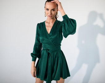 Green cocktail dress with tie ribbon, Short long sleeve dress, Handmade New Year's Party outfit, Evening dress, Jacquard v-neck mini dress.