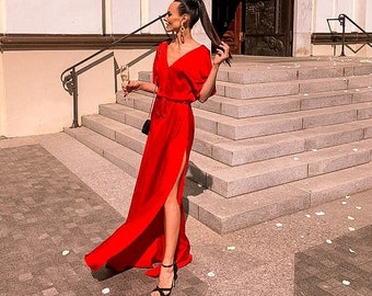 Red Luxury Silk Dress, Long Dress with a Split, Maxi Cocktail Dress, Bright Red Elegant Dress, Light-weight Bridesmaid Silk dress LILLY