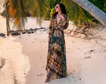 Long kimono dress, Tropical print dress for vacations, Light maxi beach dress, Handmade bikini coverup dress AMELIA