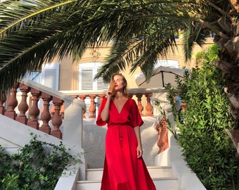 strapless open back dress Red Satin Ruched One-Shoulder Slit Wrap Bridesmaid Dress main image 0